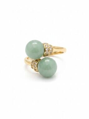 Rajbr Bwt 18 K PL. Gold Ring with Green Jade Spheres and Pavé Diamonds